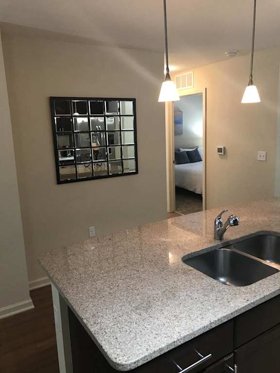 a kitchen coun at The Dakota Apartments, Florida 33458ter with a sink and a mirror on the wall