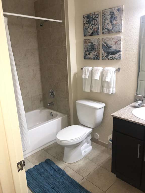 a bathroom wi at The Dakota Apartments, Florida 33458th a toilet and a tub and a sink
