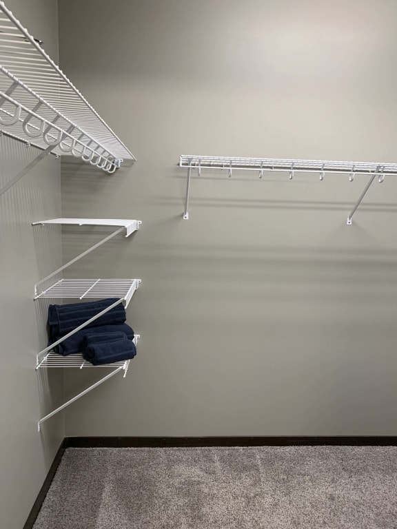 Large closet in the master bedroom Kin a Harper two bedroom floor plan apartment at North Point Villas in Lincoln Ne