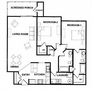2 Bed, 2 Bath Floor Plan at Shenandoah Properties, Lafayette, IN, 47905