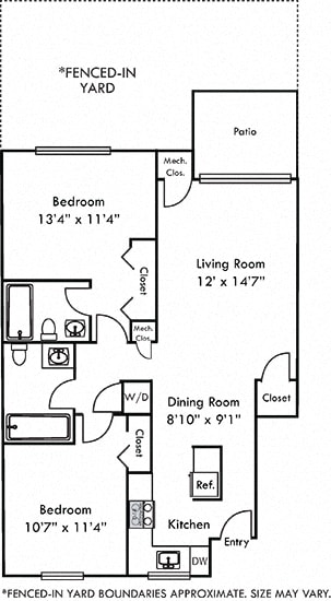 Hawthorne with Fenced-in Yard. 2 bedroom apartment. Kitchen with bartop open to living/dinning room. 2 full bathroom. large closets. Patio/balcony open to yard