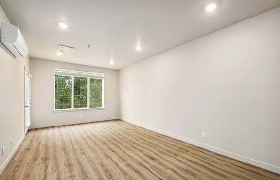 A room with wooden flooring and a window showing greenery outside.