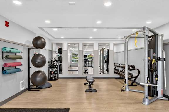 A gym with a variety of equipment including a squat rack, a bench, and a medicine ball.