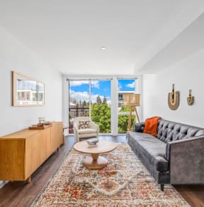 a living room with a couch and a rug and sliding glass doors