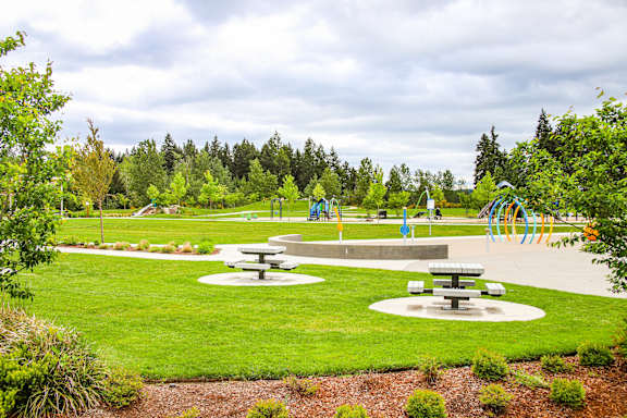 A park with picnic tables and a playground.