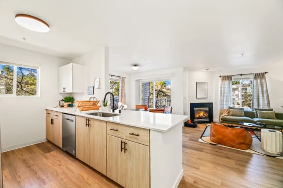 a living room with a fireplace and wooden floors