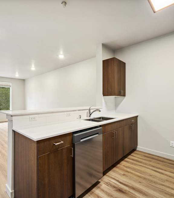 A kitchen with wooden cabinets and a stainless steel dishwasher.