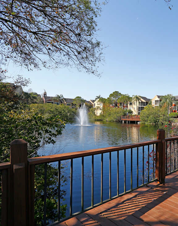 A wooden deck overlooks a body of water with a fountain in the distance.