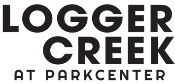 A black and white image with the words "LOGGER CREEK AT PARKCENTER" written in large letters.