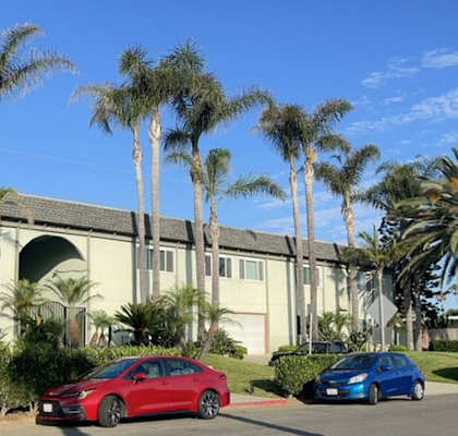 a building with palm trees in front of it