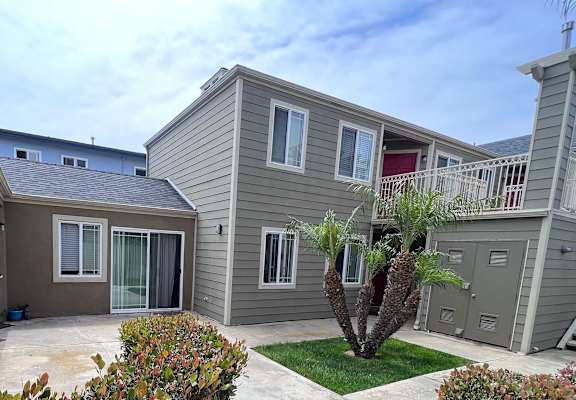 a house with gray siding and a palm tree in the front yard