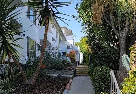A narrow pathway between two rows of white houses with green plants on the sides.