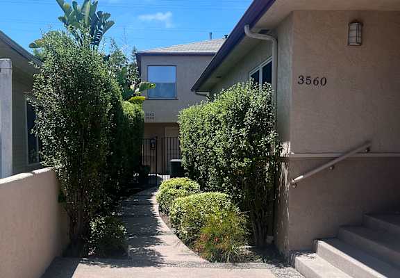 a walkway between two houses with bushes on either side of the walkway