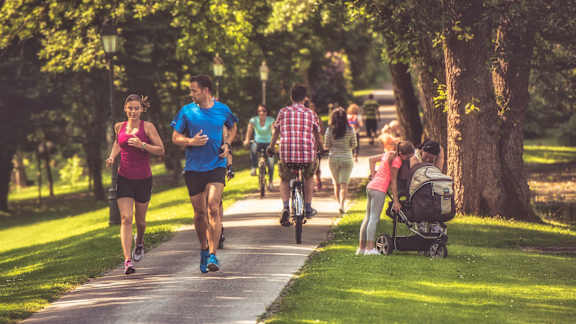 A group of people are jogging and walking in a park.