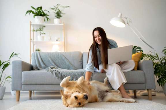 A woman is sitting on a couch with her dog.
