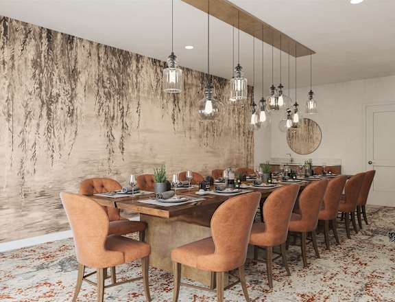 a dining room with a long table and chairs
