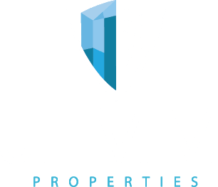 a blue and white logo with the words properties