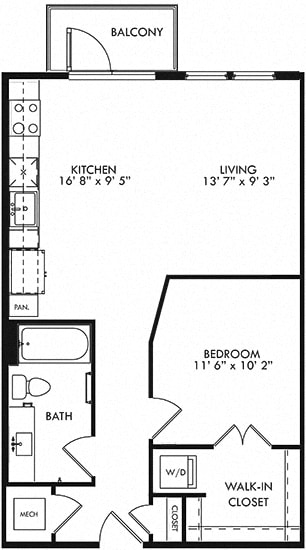 The Alpha Floorplan with 1 Bedroom, 1 Bath and Open Kitchen and Living Room Concept