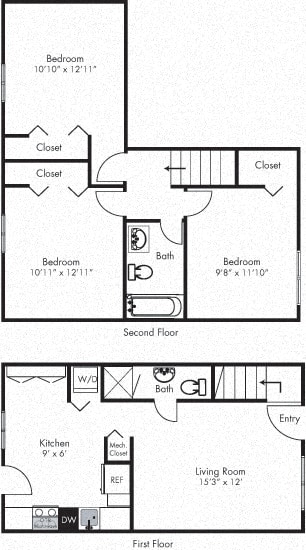 redwood 3 bedroom townhome. kitchen-dining-living-full bath on first floor. bedrooms and 1 full bath on second floor. in-unit laundry