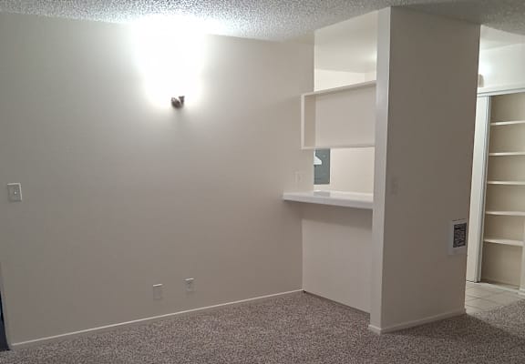 A room with a carpeted floor and a wall-mounted shelf.