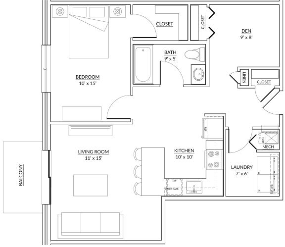 Hartman Style E - 1 bed, 1 bath &#x2B; den apartment floor plan