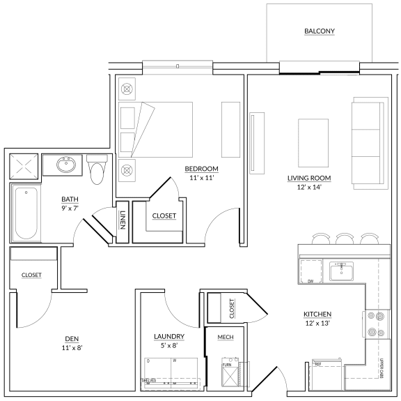 Hartman Style B - 1 bed, 1 bath &#x2B; den apartment floor plan