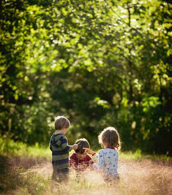 Three children are sitting in a field of tall grass.
