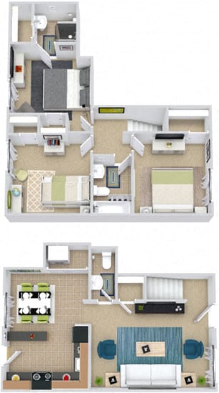 3D hemlock 3 bedroom townhome. Living-dining-kitchen-half bath on first floor. bedrooms and 2 full baths on second floor.