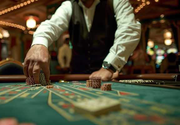 A man is playing blackjack in a casino.