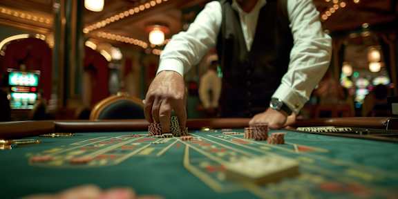 A man is playing blackjack in a casino.