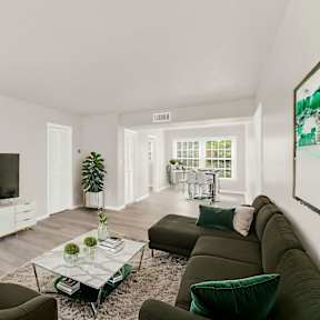a living room with couches and a coffee table and a television