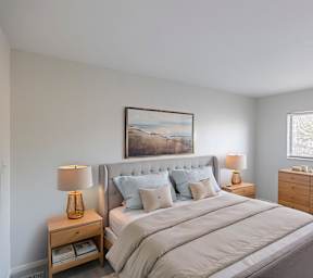 A bedroom with a large bed, a nightstand with a lamp, and a plant.