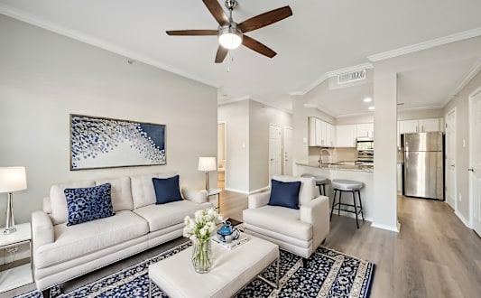 A living room with a white couch and a blue and white rug.