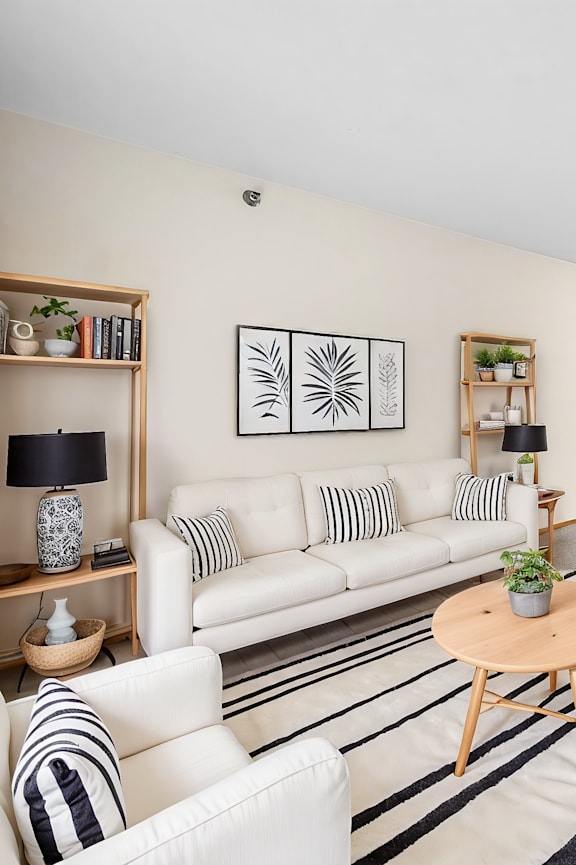 A living room with a white couch and a wooden coffee table.