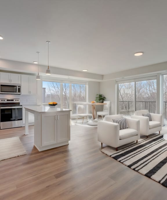 a white living room with a kitchen and a rug