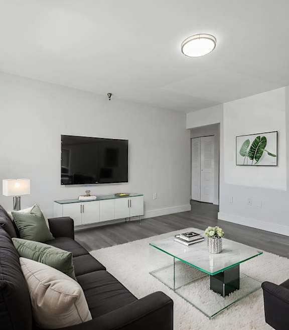 A modern living room with a black couch and a glass coffee table.