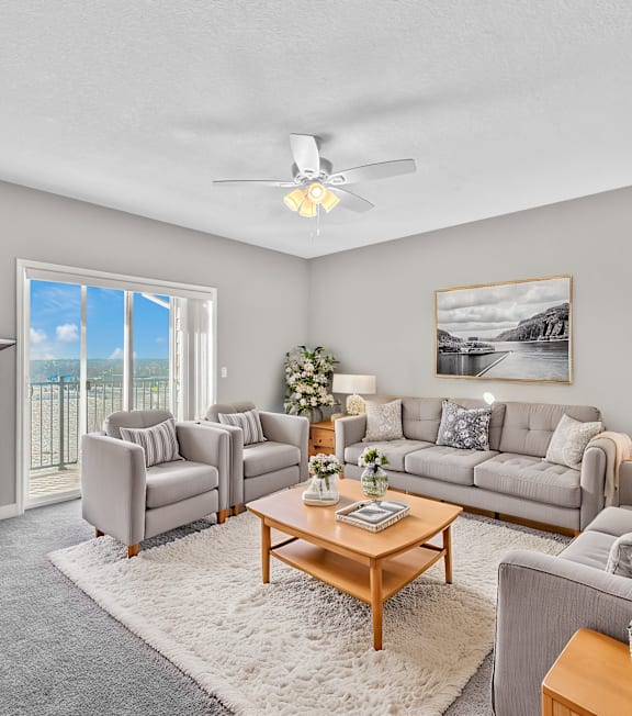 A living room with a grey couch, a grey chair, a grey sofa, a grey rug, a grey carpet, a grey wall, a grey ceiling, a grey fireplace, a grey window, a grey door, a