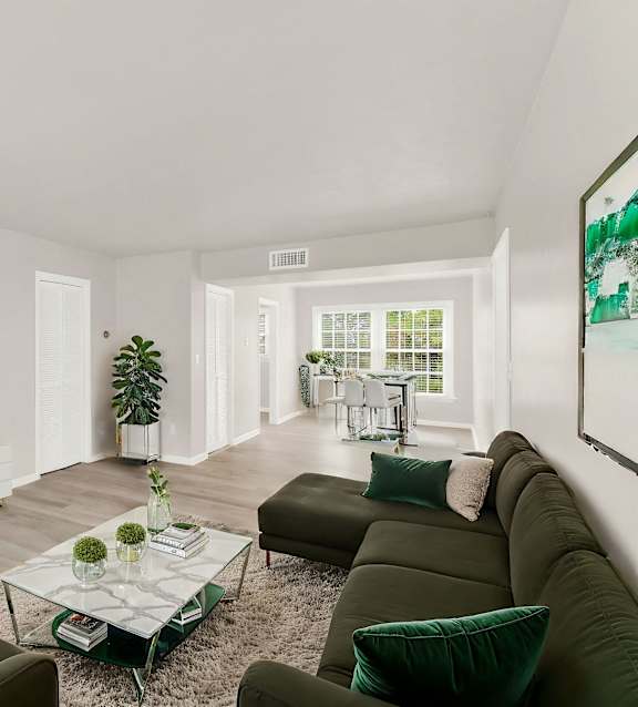 a living room with couches and a coffee table and a television