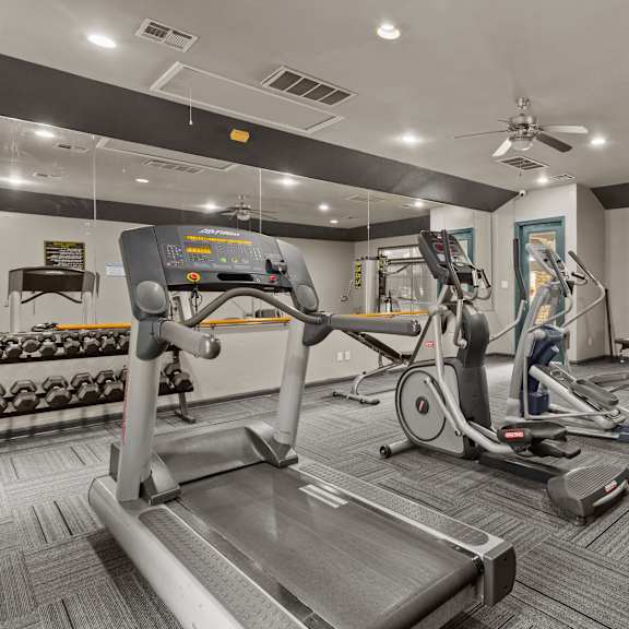 A gym with a variety of equipment including treadmills, elliptical machines, and weight machines.