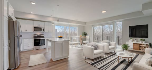 a white living room with a kitchen and a rug