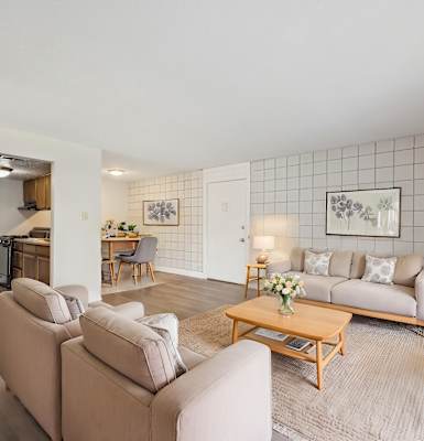A living room with a grey couch, a brown couch, a grey armchair, a brown armchair, a wooden coffee table, and a grey rug.