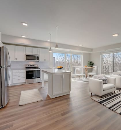 a white living room with a kitchen and a rug