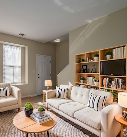a living room with a couch and two chairs and a coffee table