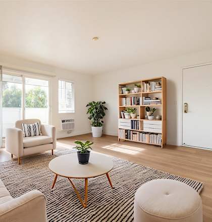 A living room with a white sofa, a wooden coffee table, and a bookshelf at Summerhill Place Apartments, Union City