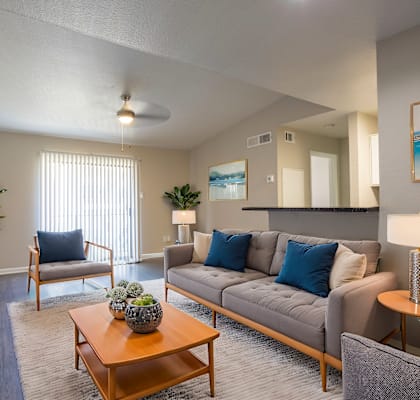 a living room with a couch and a coffee table