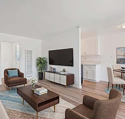 A living room with a brown chair and a brown sofa.