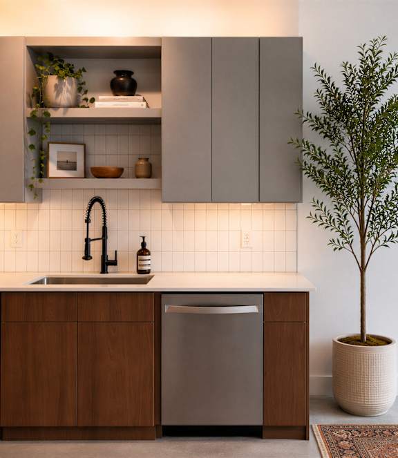 1-bedroom loft apartment for rent in downtown Indianapolis — brand new Cole Motor apartments with exposed beam ceilings, stainless steel appliances, courtyard views, and polished concrete floors.