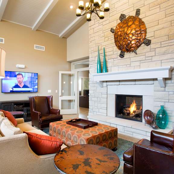 A living room with a fireplace and a television.