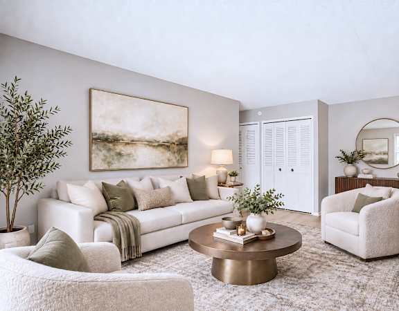 A living room with a white couch, a coffee table, and a painting on the wall.