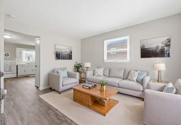 A living room with a grey sofa, a wooden coffee table, and a grey rug.